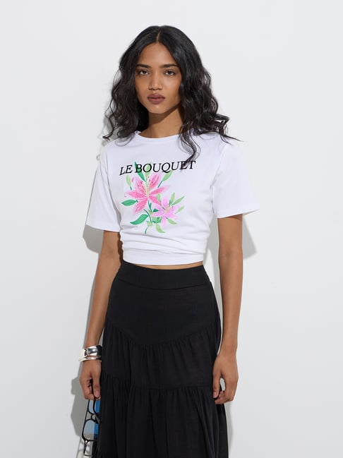 LOV by Westside White Floral Design Cotton T-Shirt