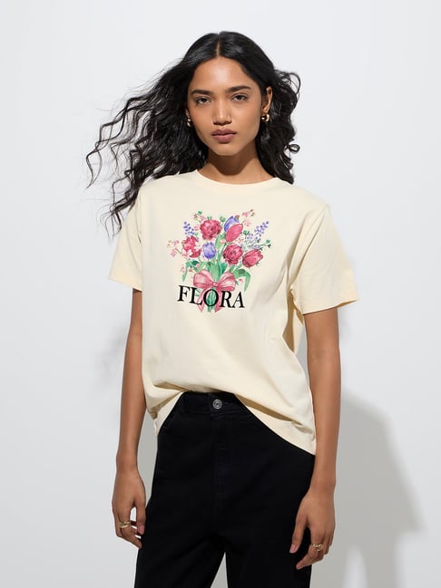 LOV by Westside Cream Floral Detailed Cotton T-Shirt-picture-46