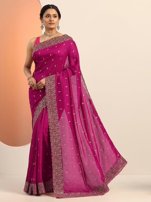 Libas Magenta Embroidered Saree With Unstitched Blouse-picture-36