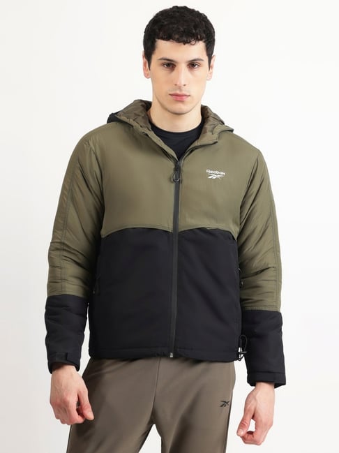 Reebok Green Regular Fit Colour Block Hooded Jacket-image-19