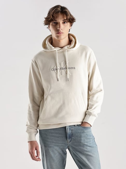 CALVIN KLEIN Off-White Logo Regular Fit Cotton Hoodie