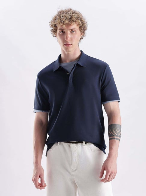 CALVIN KLEIN Navy Solid Regular Fit Cotton Polo T-Shirt
