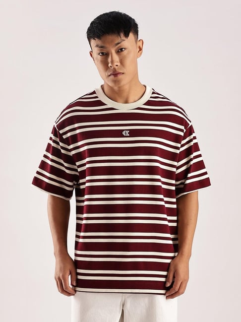 CALVIN KLEIN Maroon Striped Relaxed Fit Cotton T-Shirt