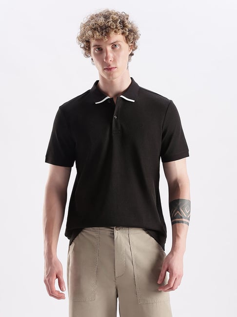 Buy CALVIN KLEIN Black Textured Regular Fit Cotton Polo T-Shirt