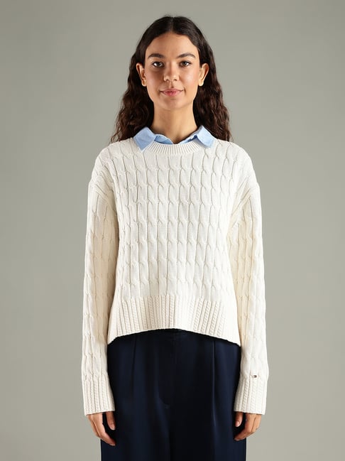 TOMMY HILFIGER Ivory Petal Regular Fit Cotton Crew Neck Sweater-picture-29