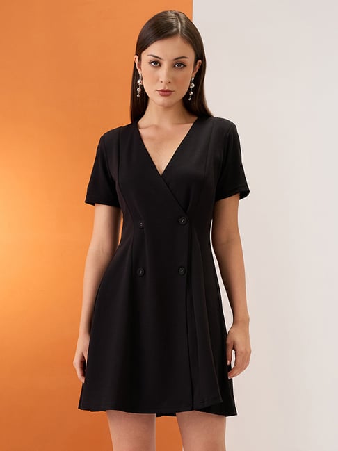 Globus Women Black V-Neck Hong Button Double Breasted Flared Hem Mini  Workwear Wrap Blazer Dress