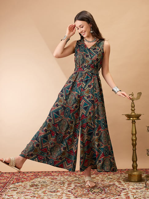 Globus Women Navy Blue V-Neck Sleeveless Tribal Print Flared Wide Leg Fusion Jumpsuit with Belt-picture-21