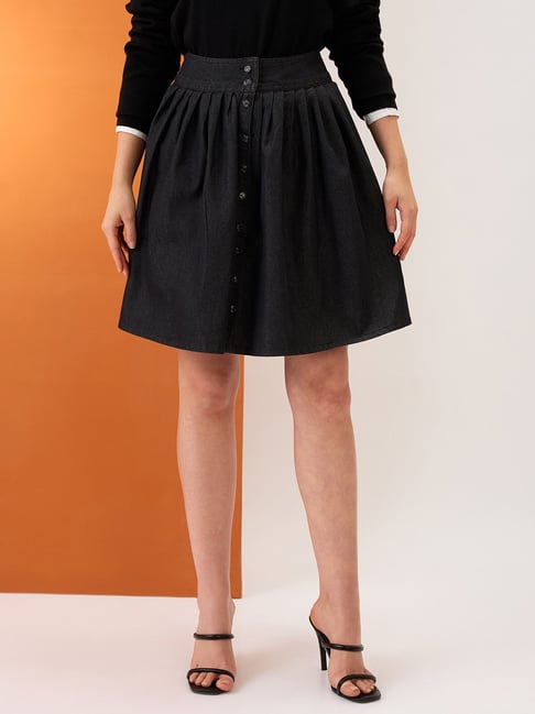 Globus Women Black High-Rise Pleated Button-Down Above Knee Flared Denim Skirt-picture-22