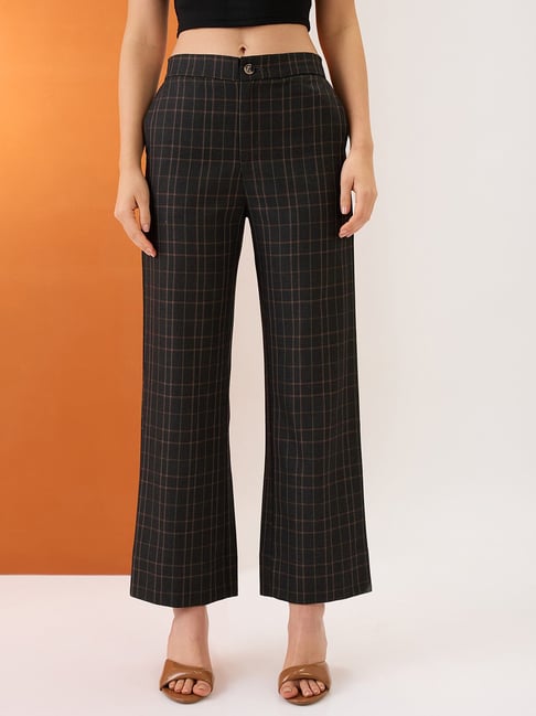 Globus Women Plaid Checks Mid-Rise Elasticated Back Straight Fit Formal  Trousers