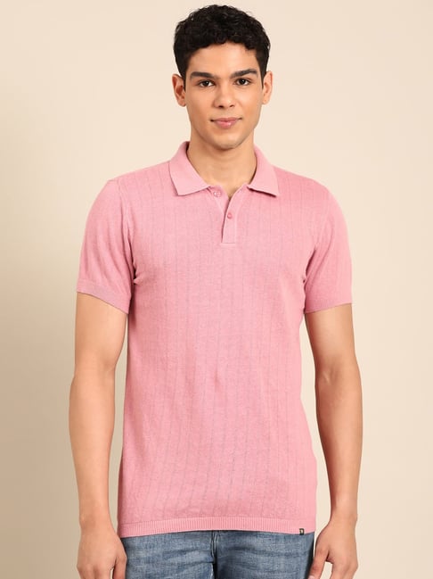 Linen Club Pink Slim Fit Striped Polo T-Shirt-picture-16