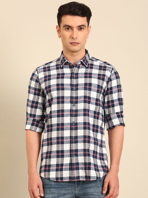 Cavallo By Linen Club White Slim Fit Checks Shirt