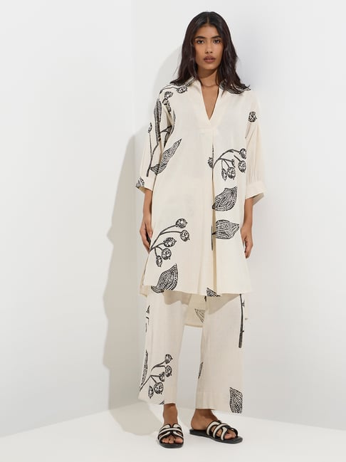 Utsa by Westside Off-White Botanical High-Low Cotton-Blend Kurta-picture-14
