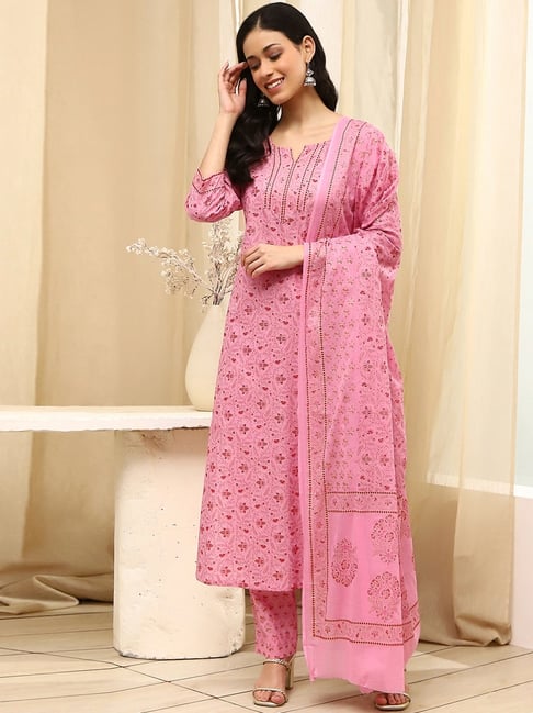 pink cotton dress material Biba Pink Cotton Floral Print Unstitched Dress Material