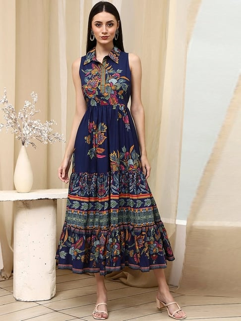 Biba Indigo Cotton Regular Fit Floral Print Ethnic Dress