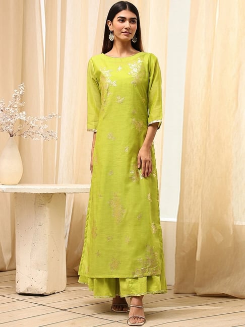 Biba Green Straight Fit Printed Ethnic Dress With Slip