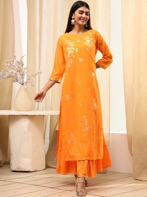 Biba Orange Straight Fit Printed Ethnic Dress With Slip