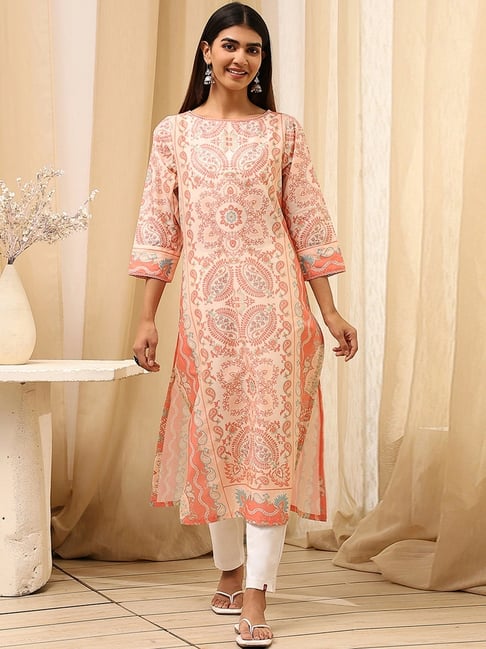 Biba Peach Cotton Straight Fit Printed Kurta