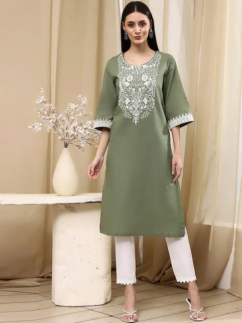 Biba Green Cotton Straight Fit Embroidered Kurta-picture-34