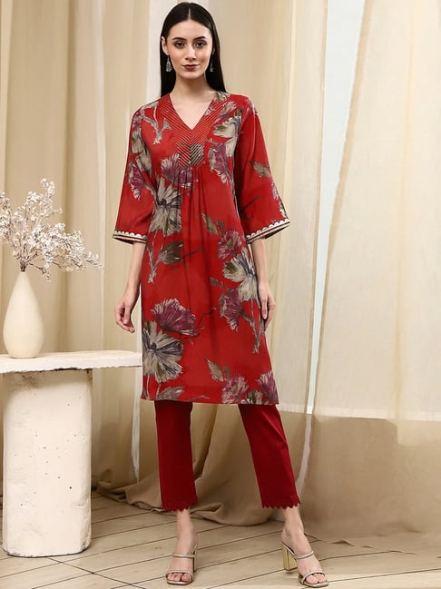 Biba Coral Straight Fit Floral Print Kurta-picture-47