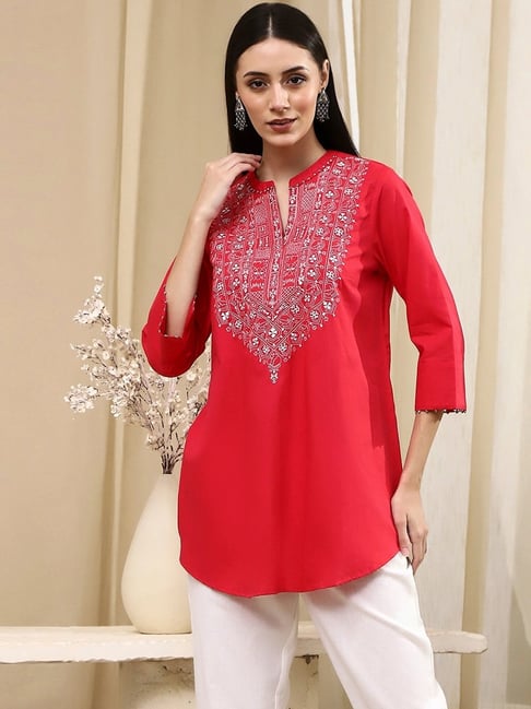 Biba Raspberry Cotton Straight Fit Embroidered Kurti-picture-24