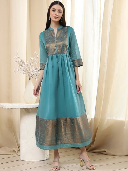Biba Turquoise Straight Fit Woven Design Kurta-picture-21