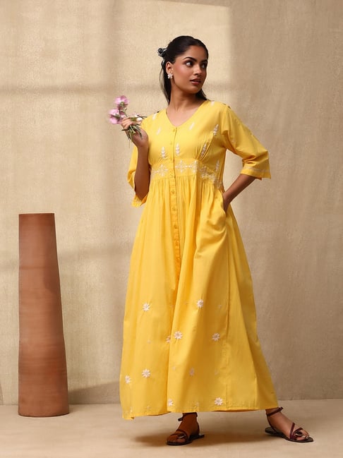 House Of Chikankari Yellow Cotton Chikankari A-Line Dress