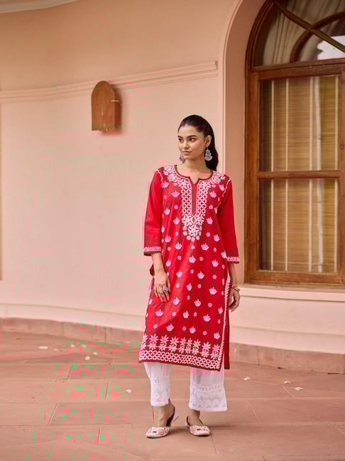 House Of Chikankari Red Cotton Chikankari Kurti-picture-44