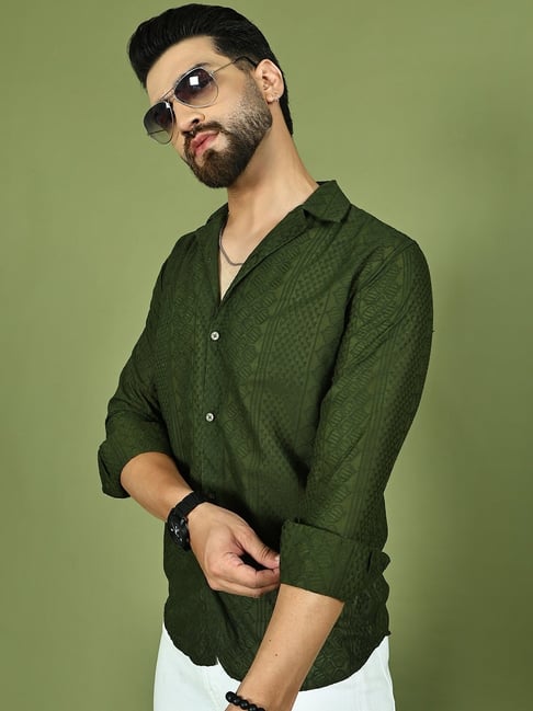 Indian Needle Olive Green Cotton Regular Fit Embroidered Casual Shirt-picture-16