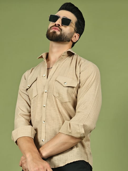 Indian Needle Beige Cotton Regular Fit Solid Casual Shirt
