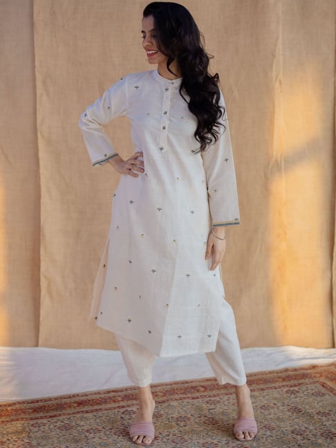 The Indian Ethnic Co Off White Straight Jamdani Handwoven Cotton Kurta-picture-34