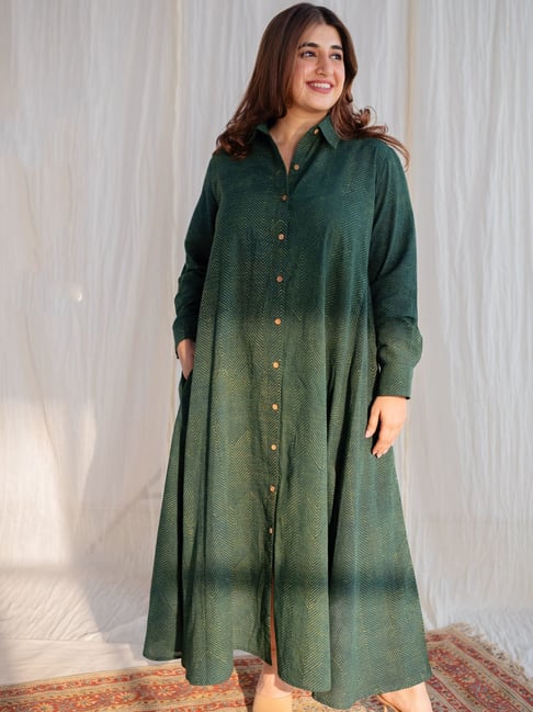 Buy Dark Green A-Line Dabu HandBlock Printed Cotton Dress Online