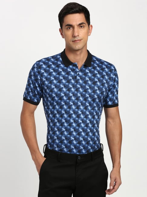 Peter England Blue Cotton Regular Fit Printed Polo T-Shirt