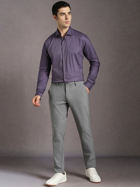 Louis Philippe Purple Cotton Slim Fit Striped Shirt