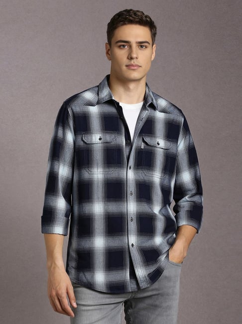 Louis Philippe Navy Cotton Slim Fit Checks Shirt-picture-12