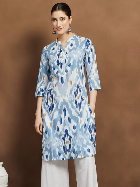 melange by lifestyle Melange Indigo Cotton Regular Fit Printed Kurta-picture-22