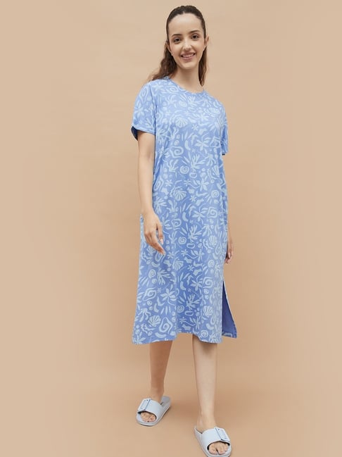 Ginger By Lifestyle Mid Blue Cotton Regular Fit Printed Night Dress-picture-41