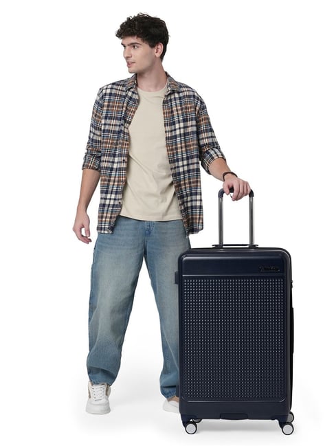 CALVIN KLEIN IN STEREO Midnight Navy Textured Large Hard Sided Checked Luggage