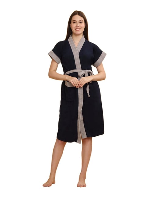 Creeva Navy & Grey Micro Terry Bathrobe (Large)
