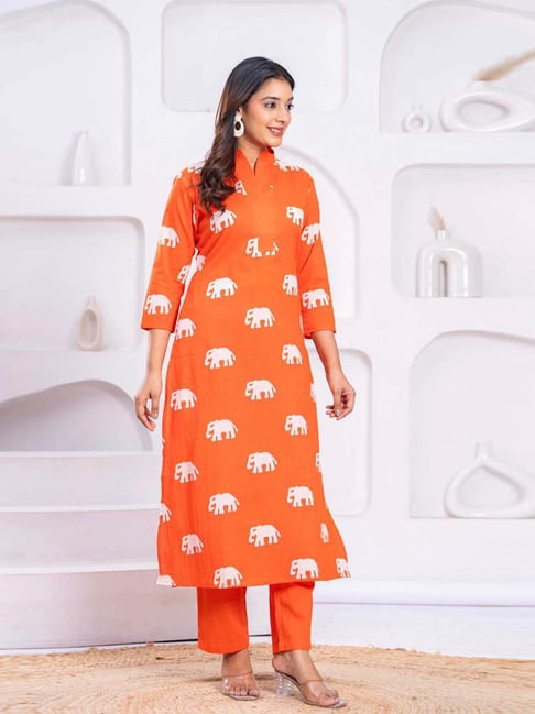 Autumnlane Orange Jayti Apricot Print Regular Fit Kurta Pant Set-picture-22