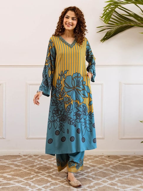 Autumnlane Blue Bakul Flax Print Regular Fit Kurta Pant Set