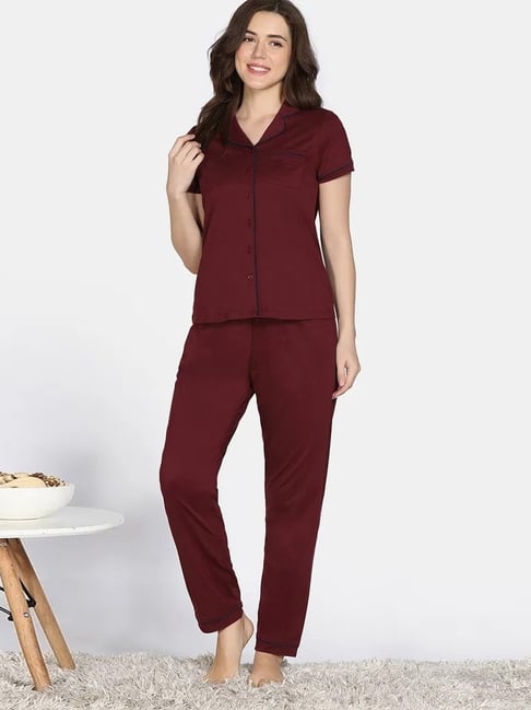 Zivame Maroon Regular Fit Night Suit