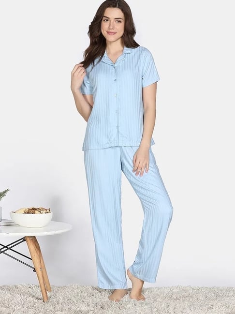 Zivame Blue Regular Fit Striped Night Suit