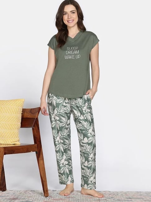 Zivame Green Regular Fit Printed Night Suit