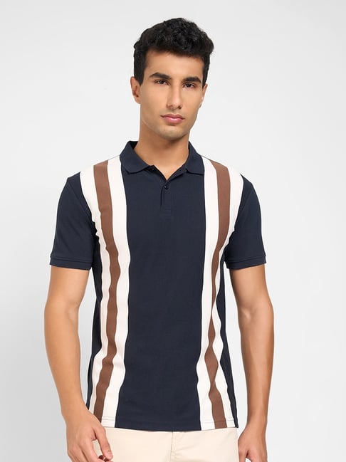 Peregrine By Pantaloons Navy Slim Fit Striped Sports Polo