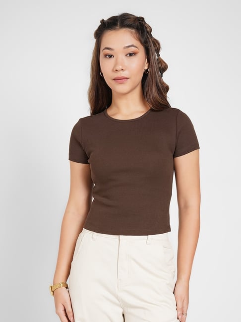 People By Pantaloons Brown Cotton Slim Fit Crop T-Shirt
