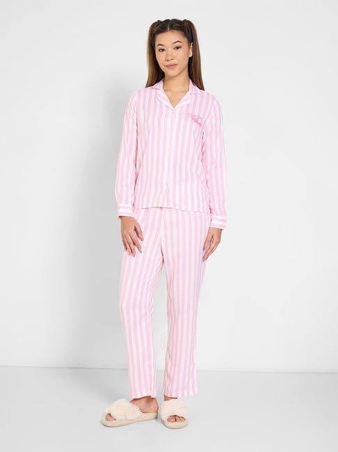 Dreamz By Pantaloons White & Pink Regular Fit Striped Night Suit-picture-43