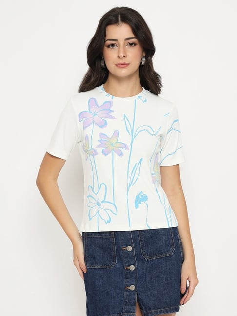 Madame White Regular Fit Floral Print T-Shirt-picture-17