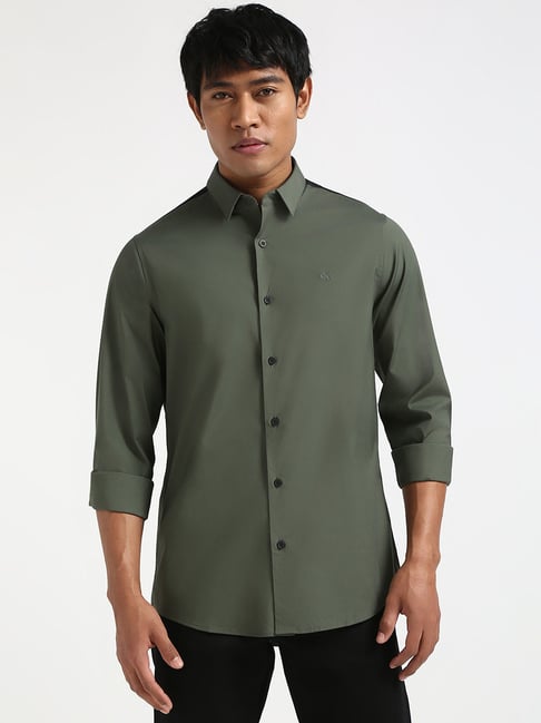 CALVIN KLEIN JEANS Olive Colorblock Slim Fit Cotton Shirt