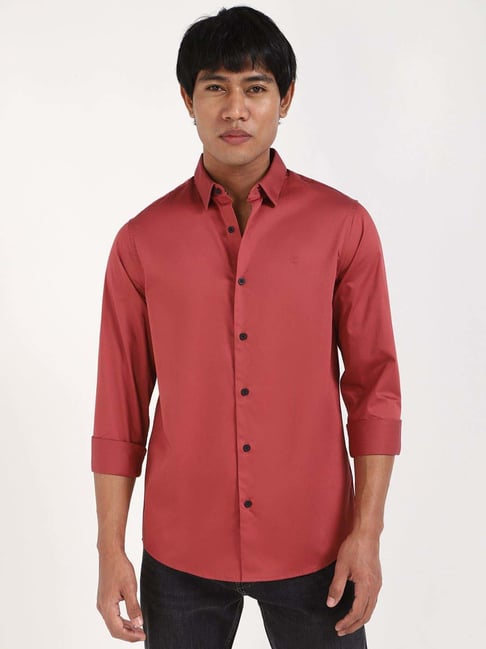 CALVIN KLEIN JEANS Maroon Slim Fit Cotton Shirt