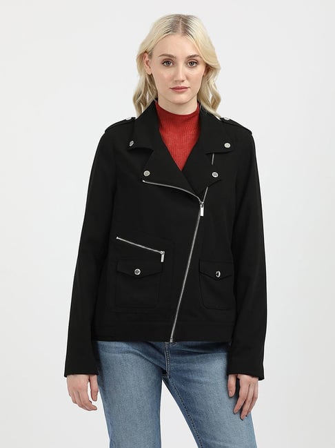 CALVIN KLEIN JEANS Black Regular Fit Polyester Notch Collar Biker Jacket-picture-16